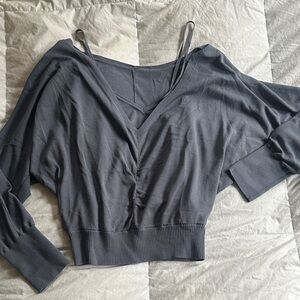 Womens Charcoal Grey V-Neck Ruched Knit Pullover with Spaghetti Straps